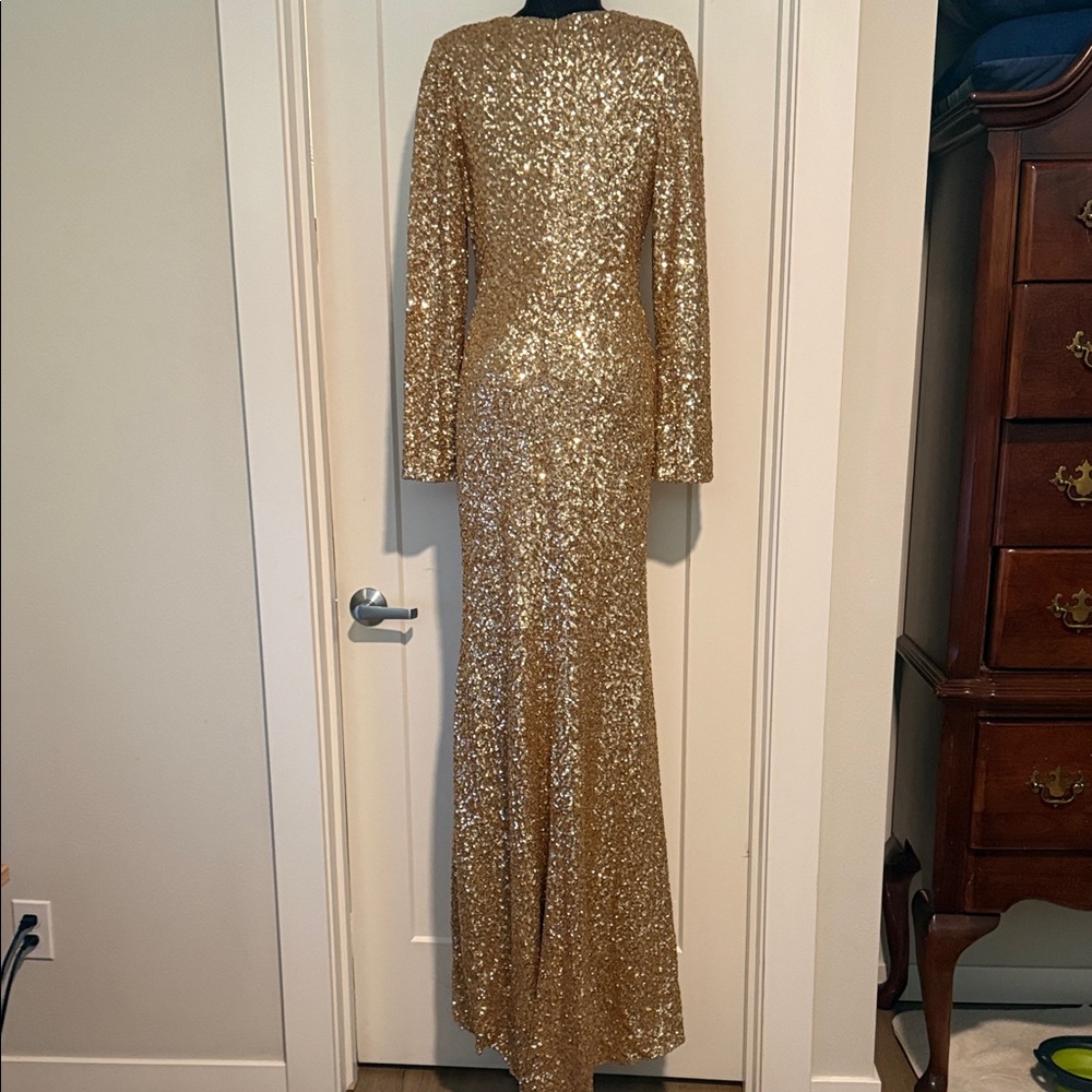 Gold Sequin Long Sleeve Evening Gown - Picture 4 of 6